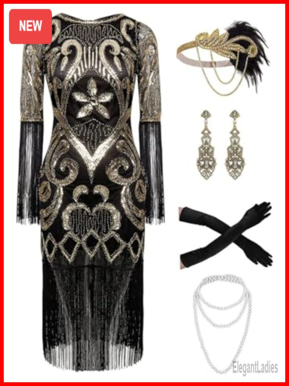 Plus Size 1920s Sequin Fringed Flapper Party Cocktail Dress with Accessories
